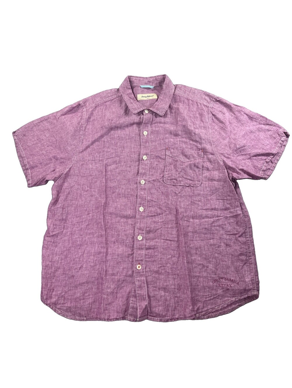 Tommy Bahama RELAX Linen Button Front Short Sleeve Plum Hawaiian Shirt Mens XL